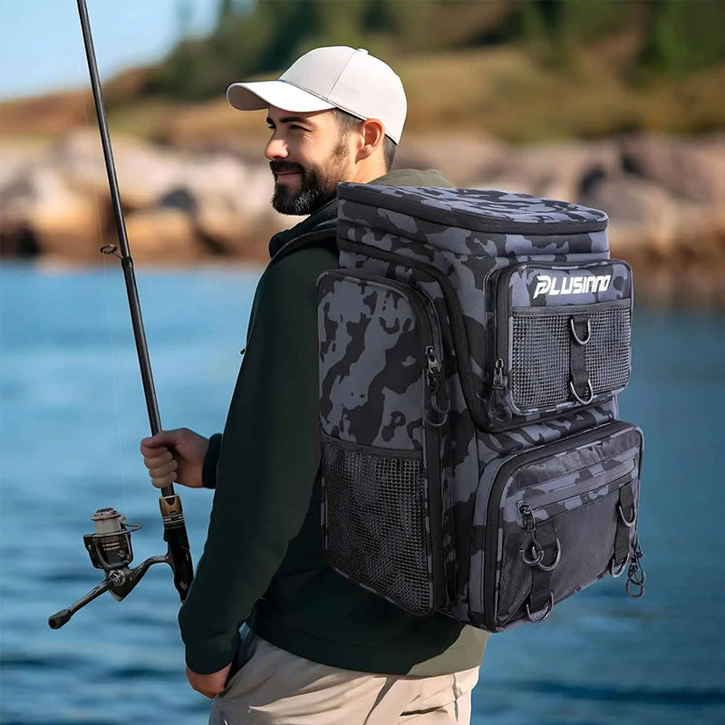 Fishing Backpack with Rod Holder, Tackle Organizer Box & More Storage